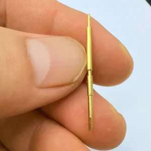 Micro pin made of brass, precisely CNC machined, suitable for use in miniature electronic circuits.