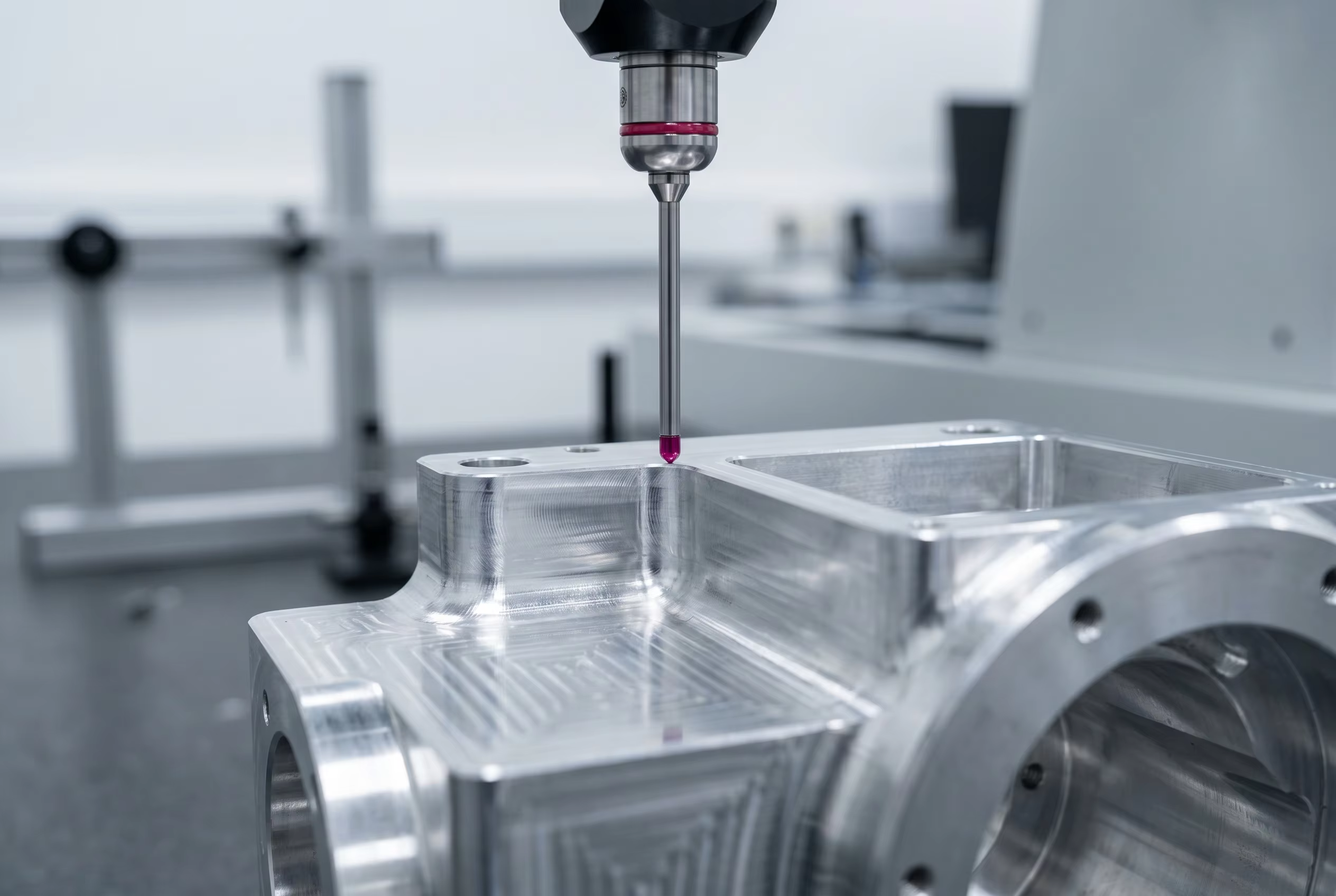 A ruby-tipped CMM probe measuring a 7075 aluminum component for dimensional stability and tolerance verification at JXD Machining facility.