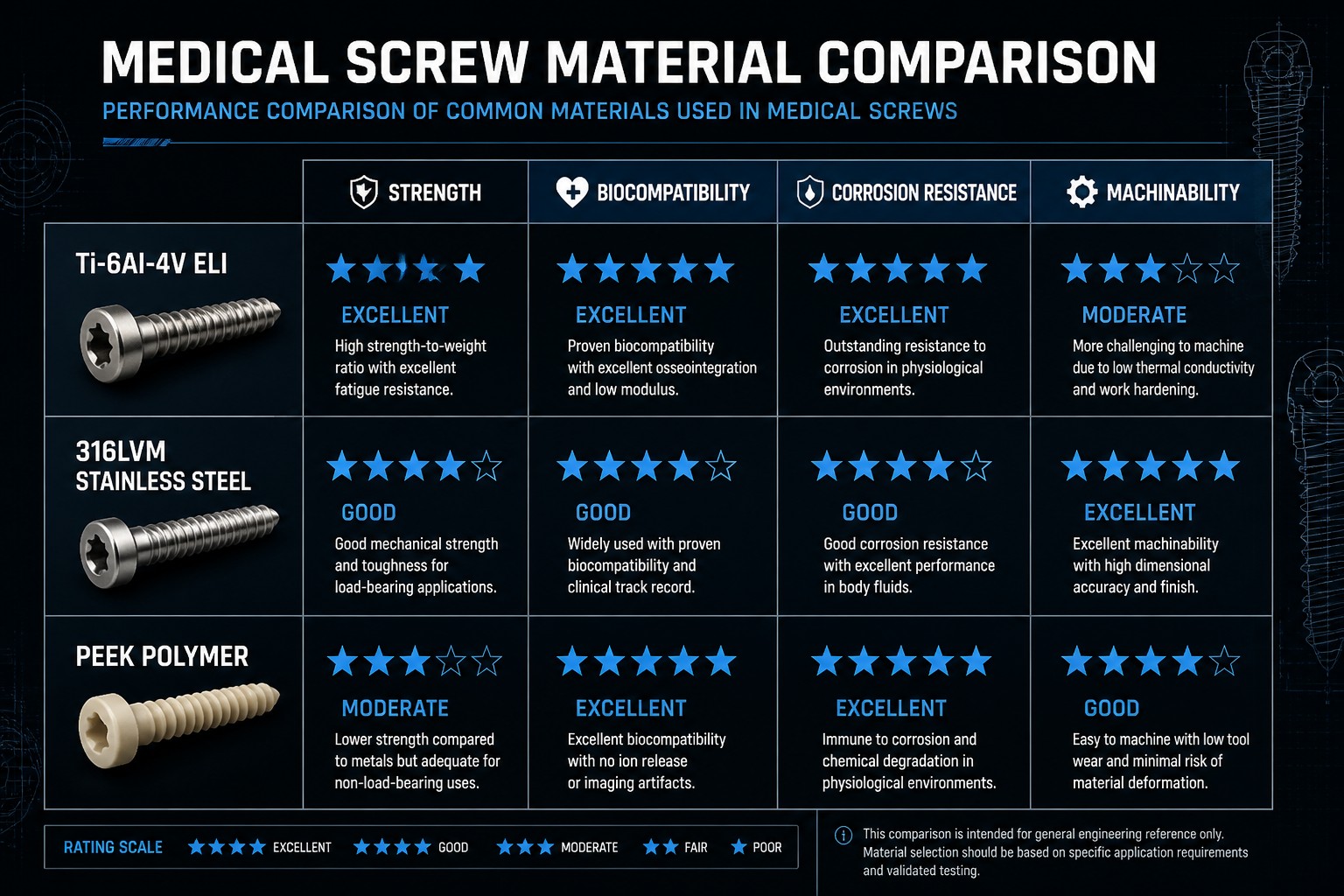 Material comparison for Swiss machined medical screws