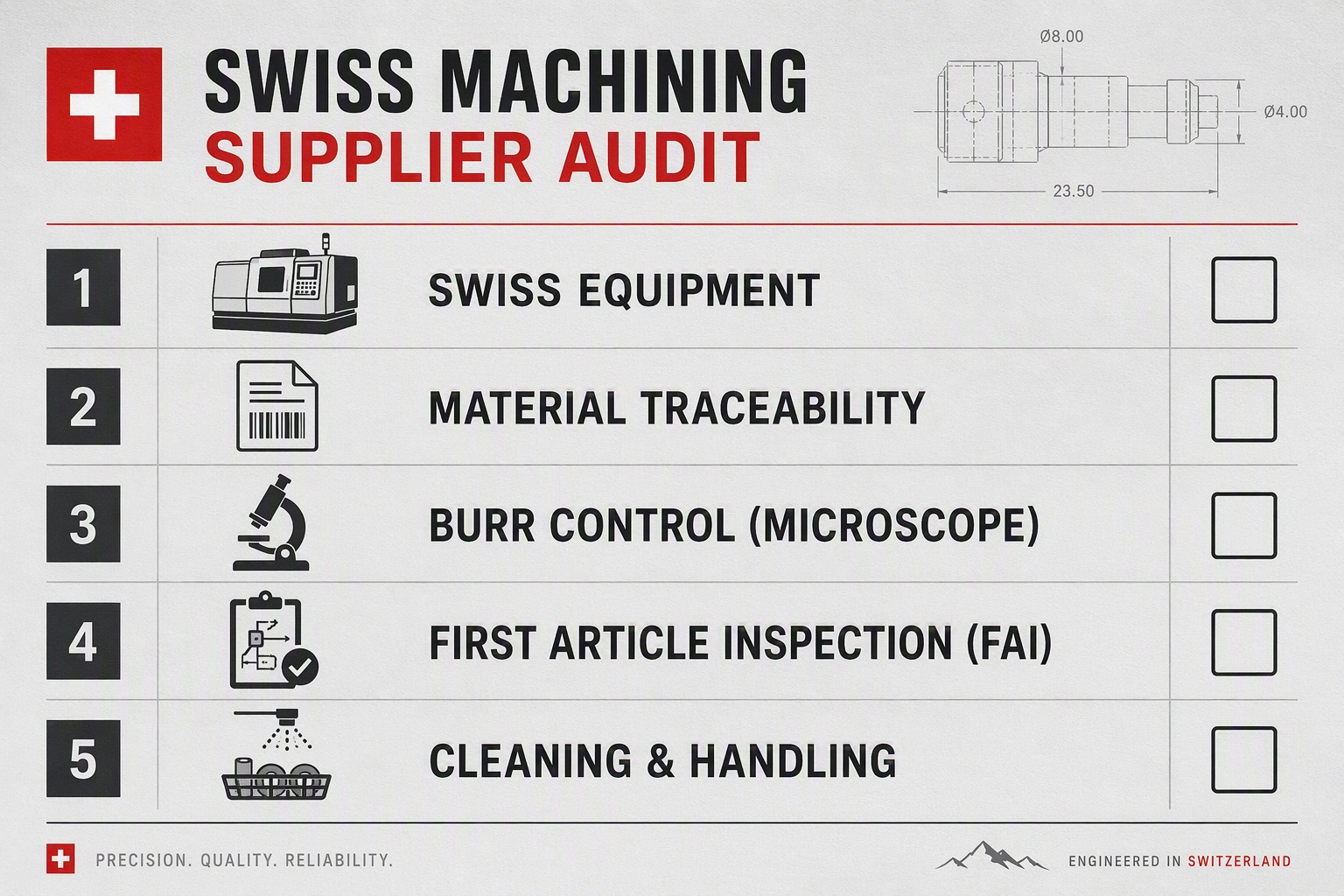 Supplier audit checklist for Swiss CNC medical screw machining