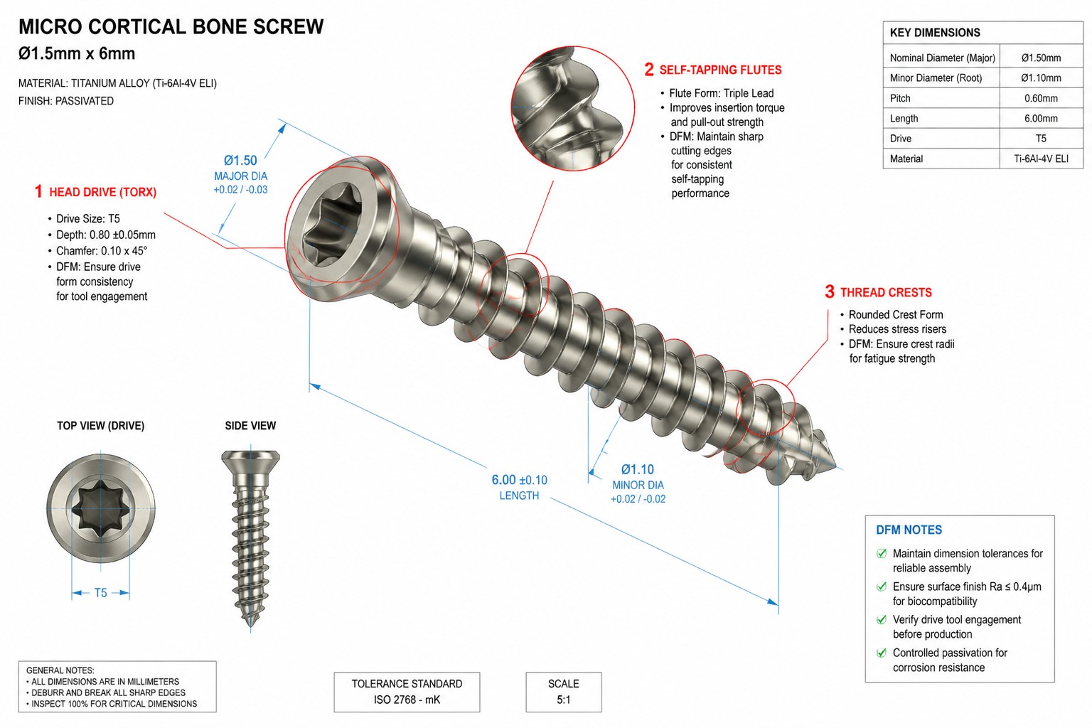 DFM features on a micro medical screw for Swiss machining