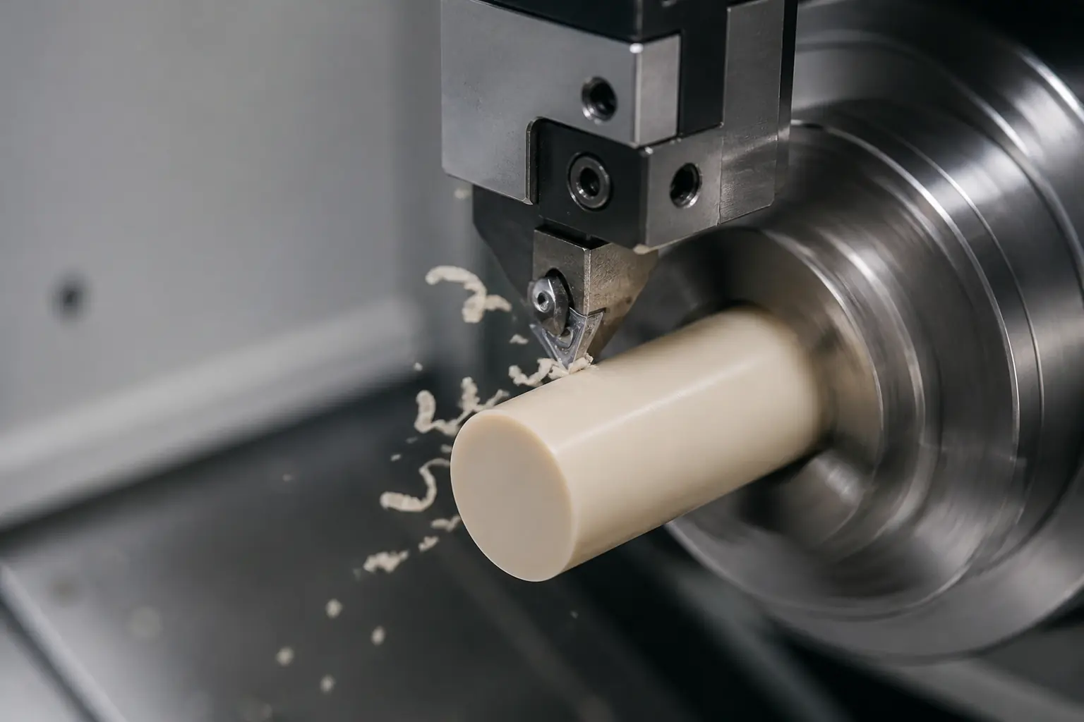CNC lathe machining a light-colored engineering plastic rod with curling chips