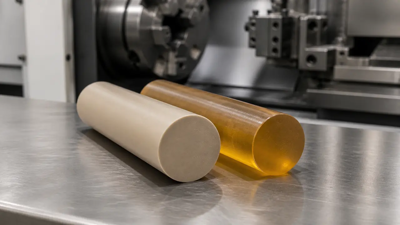 PEEK and amber Ultem plastic stock prepared for CNC machining comparison