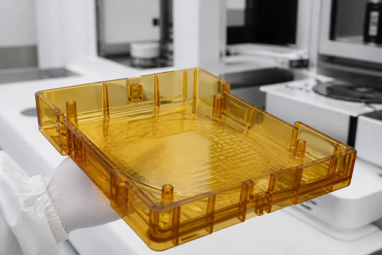 Amber translucent Ultem wafer-handling fixture used in semiconductor equipment