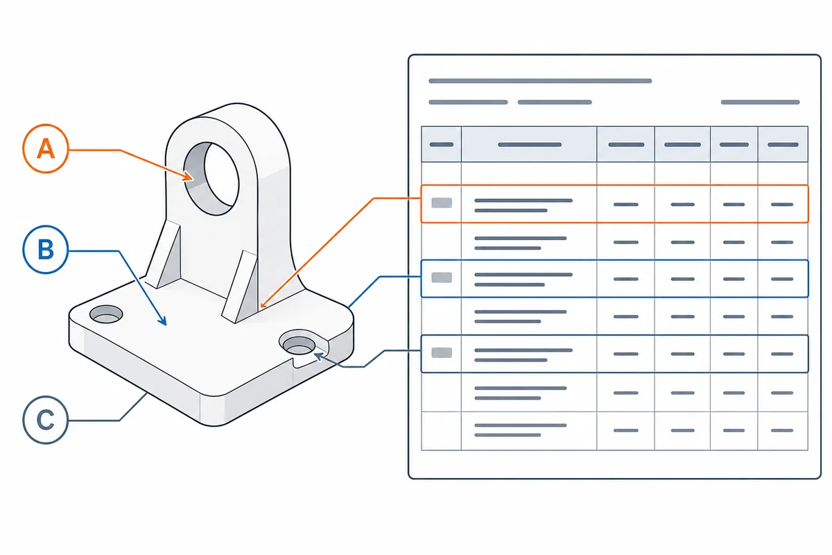 Illustration explaining key fields in a CNC CMM inspection report