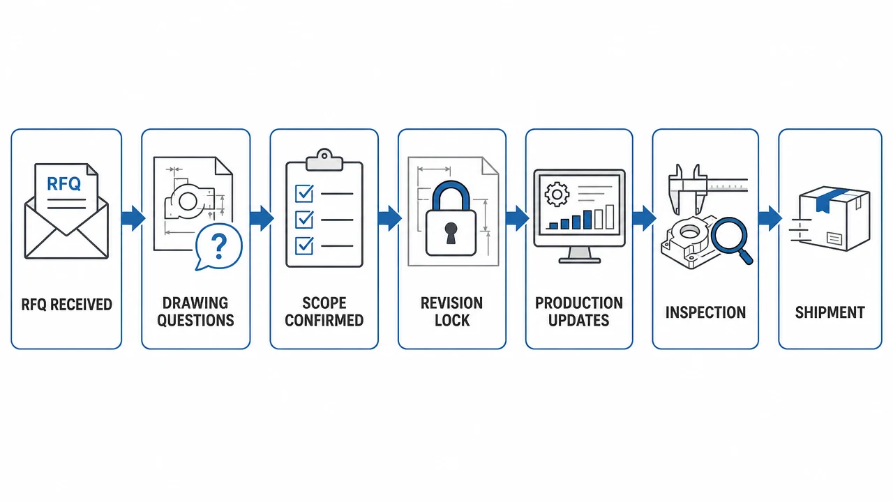 CNC engineering communication workflow from drawing review to delivery planning
