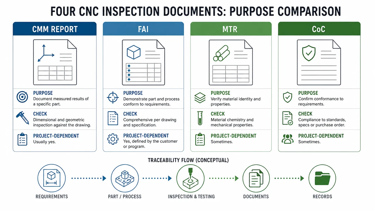 CNC inspection document comparison for CMM FAI MTR and CoC