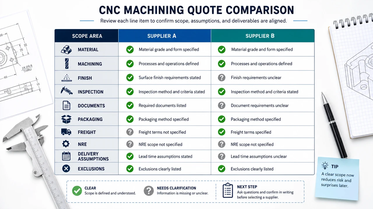 CNC machining quote scope comparison for material machining finish inspection and delivery