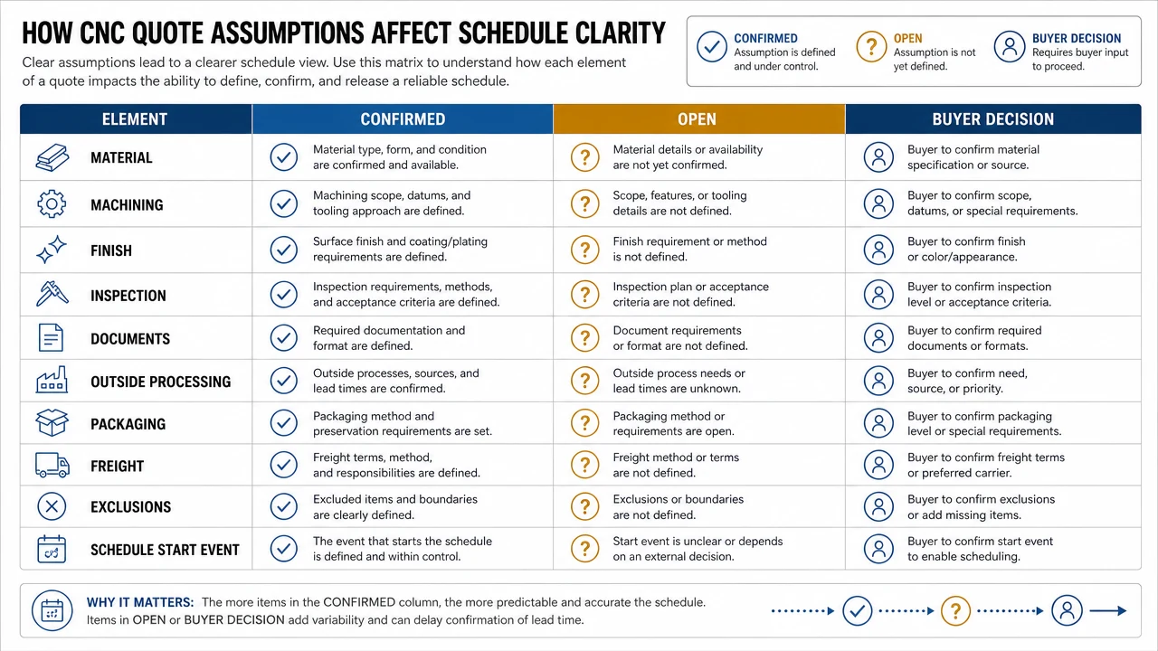 CNC quote assumptions matrix for material finish inspection and lead time