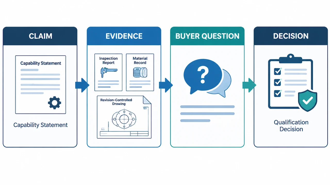 CNC supplier evidence matrix showing claim evidence buyer question and decision