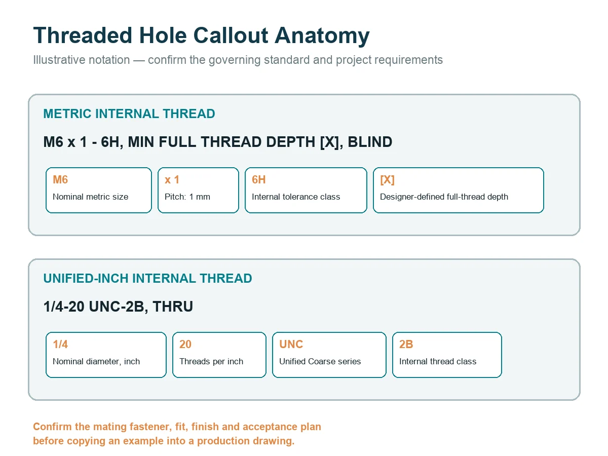 Breakdown of metric and unified-inch threaded-hole callout fields