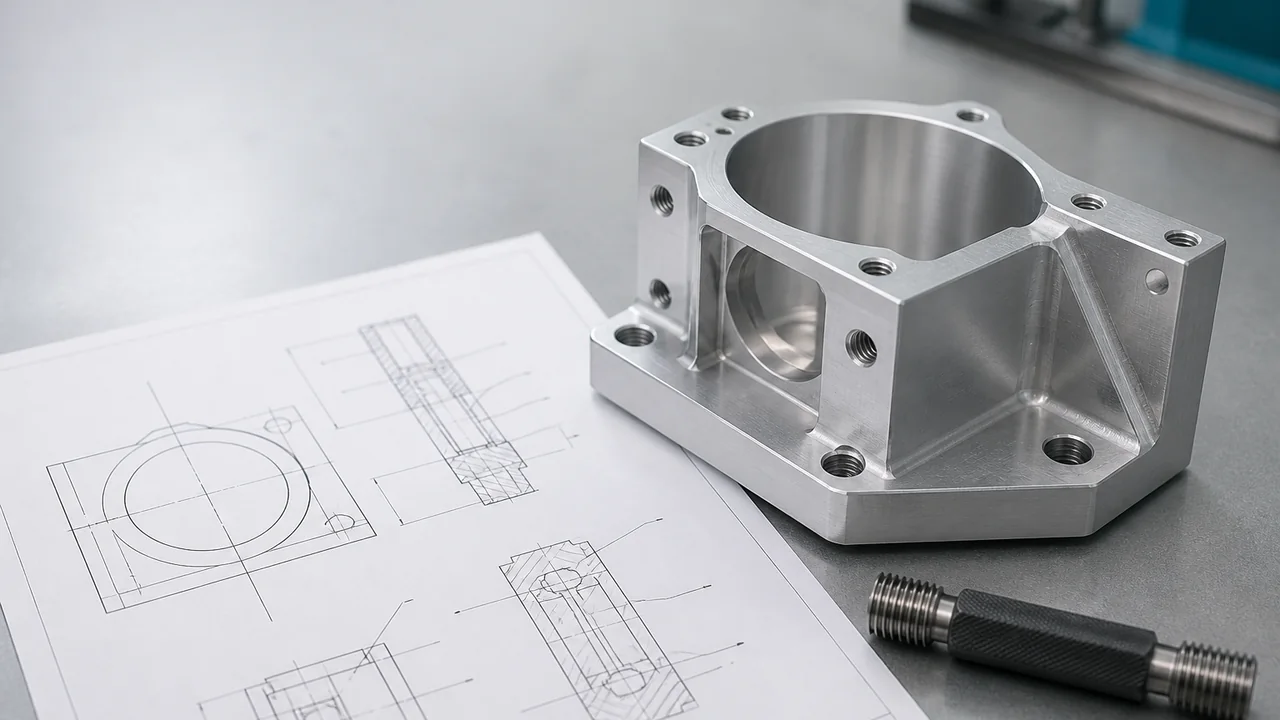 Threaded CNC part beside an engineering drawing and thread plug gauge